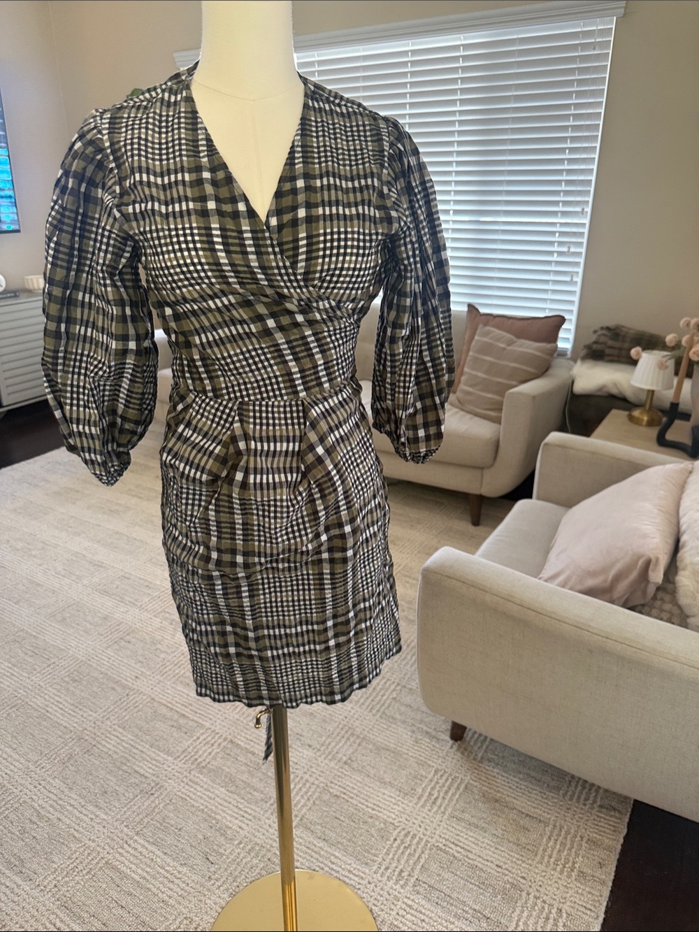 Ganni Olive and Black Plaid Wrap Mini Dress